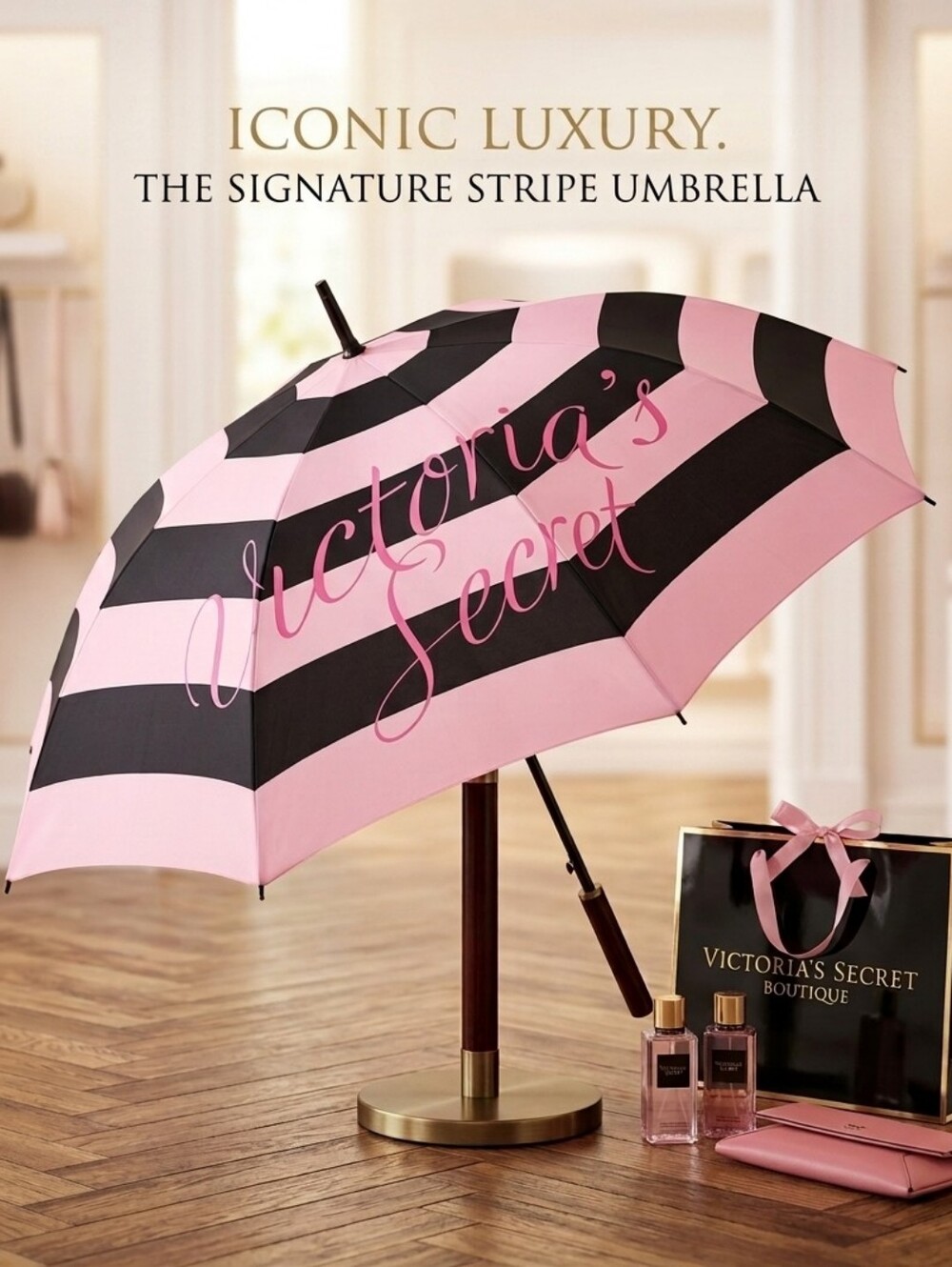 Victoria's Secret Signature Logo Pink Black Full Size 36" wide Umbrella Sturdy